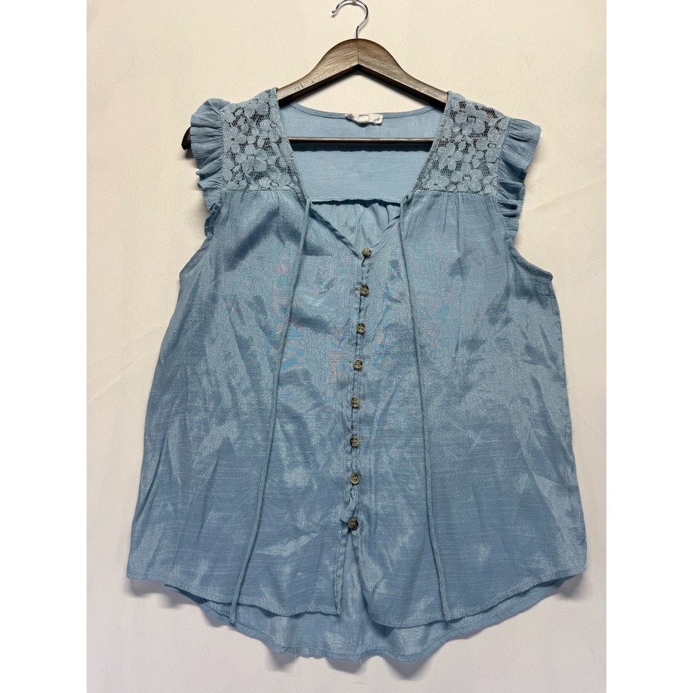 E&M Blouse Top Womens Large Blue Pleated Lace Yoke Ruffle Sleeve Button Front